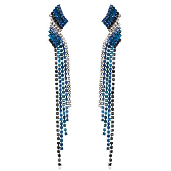 BLUE RHINESTONE‎ LONG DANGLE EARRINGS - Picture 1 of 4